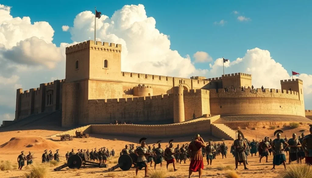 A grand ancient fortress rises majestically against a cloudless azure sky, its weathered stone walls and towers casting long shadows across the arid desert landscape. In the foreground, a group of Roman legionaries, their burnished armor glinting in the warm sunlight, lay siege to the imposing structure, catapults and siege engines poised to breach its defenses. The defenders, clad in traditional Judean garb, stand resolute on the battlements, preparing to repel the invaders with a barrage of arrows and projectiles. The air is thick with tension, the scene conveying the epic struggle for control of this legendary stronghold.