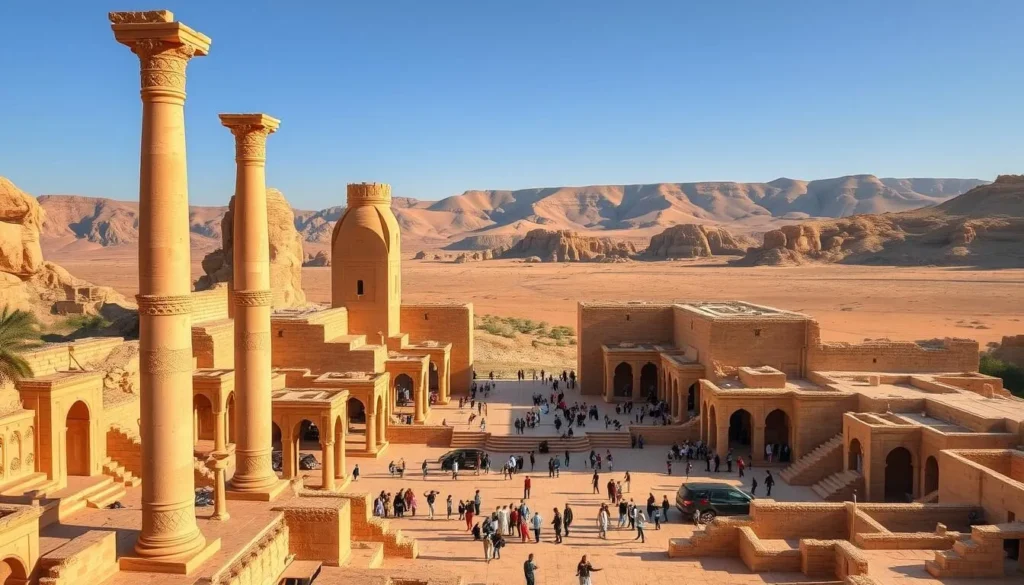A grand ancient ruin in the heart of the Algerian desert, surrounded by towering sandstone cliffs and bathed in warm, golden sunlight. In the foreground, intricate carved stone columns and archways stand as a testament to the region's rich cultural heritage. The middle ground features a large central plaza, where local residents and visitors mingle, creating a lively, authentic atmosphere. In the background, the rugged, rolling desert landscape stretches out, hinting at the vast, timeless beauty of this remarkable heritage site.