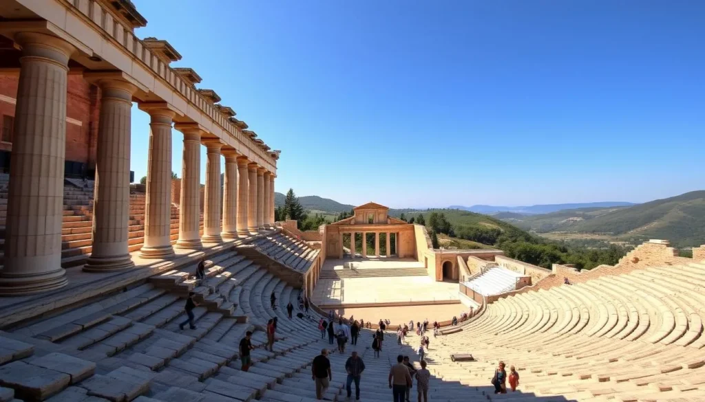 A grand, ancient theater nestled in a serene Greek hillside, the magnificent Epidaurus amphitheater stands as a testament to the region's rich cultural heritage. Sunlight filters through the columns, casting a warm glow over the weathered stone seats. In the foreground, visitors stroll along the pathways, marveling at the impressive acoustics and awe-inspiring architecture. The middle ground showcases the expansive stage, where performers once captivated audiences with timeless dramas. In the distance, rolling green hills and a clear, azure sky create a picturesque backdrop, evoking a sense of timelessness and tranquility. Capture the essence of this remarkable historical site, where the past and present converge in a breathtaking display of Grecian splendor.