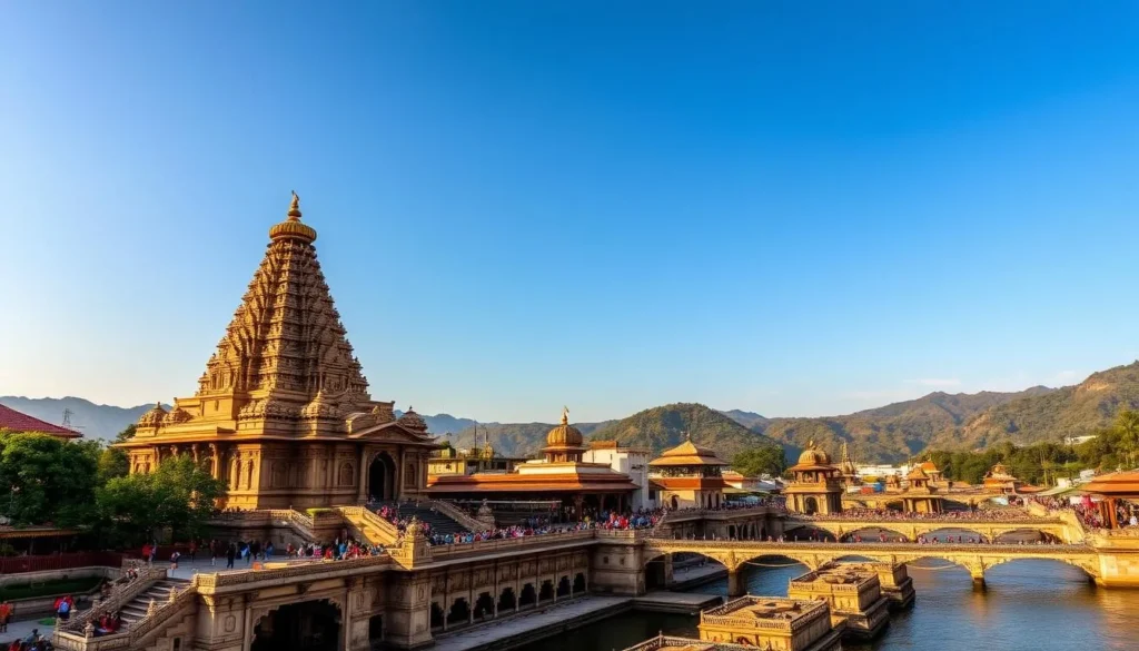 A grand and ancient Hindu temple rises majestically against a clear blue sky, its intricate golden pagoda roof and ornate stone carvings bathed in warm afternoon light. The Pashupatinath Temple stands proudly on the banks of the sacred Bagmati River, surrounded by lush greenery and a bustling congregation of devotees. The middle ground features ornate stone bridges and ghats leading down to the river, while the background showcases the verdant hills and mountains that embrace this spiritual sanctuary. Capture the timeless grandeur, serene atmosphere, and devotional energy of this UNESCO World Heritage Site.