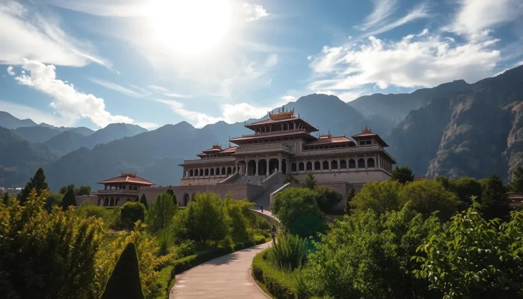 A grand and ancient structure stands majestically against a backdrop of rugged mountains, its ornate roofs and intricate architecture reflecting the rich cultural heritage of the Xanadu UNESCO World Heritage Site. Sunlight filters through wispy clouds, casting a warm glow over the scene. In the foreground, a winding path leads visitors through lush greenery, inviting them to explore the site's hidden wonders. The overall atmosphere conveys a sense of timeless wonder and reverence for this historical wonder.