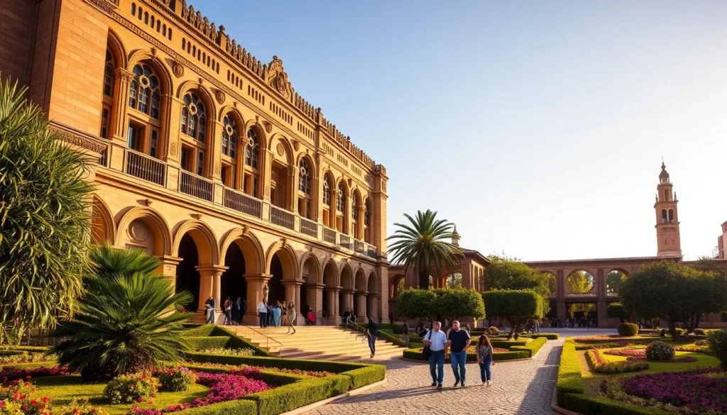 A grand and imposing Moorish-style building stands proudly, its intricate arched windows and ornate facade bathed in warm, golden sunlight. The museum's entrance is flanked by manicured gardens, lush with vibrant greenery and colorful flowers. Visitors stroll leisurely along the cobblestone paths, admiring the museum's architectural grandeur. In the distance, the iconic bell tower of a historic cathedral rises, creating a picturesque backdrop. The scene exudes a sense of tranquility and cultural sophistication, inviting exploration of the museum's rich collection of Andalusian art and artifacts.