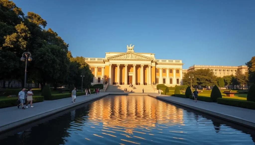 A grand and majestic art museum, bathed in warm afternoon sunlight, stands proudly against a clear blue sky. The grand, neoclassical facade features ornate columns and intricate carvings, inviting visitors to explore the cultural treasures within. In the foreground, a tranquil reflecting pool mirrors the museum's grandeur, its surface rippling gently. Lush, verdant trees and neatly manicured gardens surround the museum, creating a serene and picturesque setting. Visitors stroll along the pathway, admiring the architecture and anticipating the artistic wonders that await them inside this premier cultural destination.