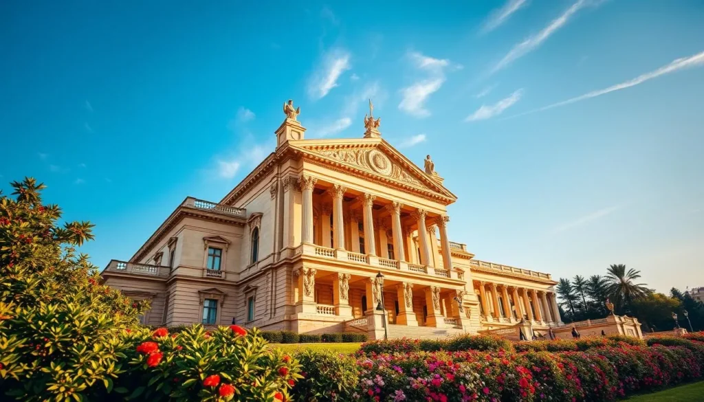 A grand and ornate Ankara State Opera and Ballet House stands majestically, its neoclassical facade bathed in warm afternoon sunlight. Towering columns support a grand pediment, while intricate carvings and statues adorn the elegant exterior. The building is set against a clear blue sky, with a few wispy clouds overhead. In the foreground, a well-manicured garden with lush greenery and vibrant flowers frames the iconic structure, creating a picturesque scene that exudes a sense of cultural sophistication and artistic appreciation.