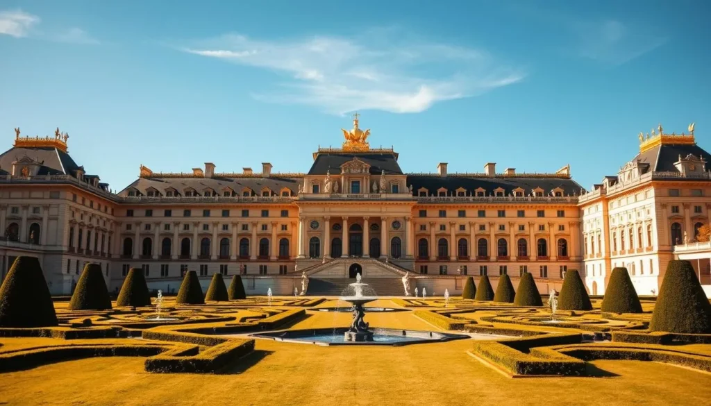 A grand and ornate palace stands majestically against a clear, azure sky. The façade of Versailles glistens in the warm, golden sunlight, its intricate architectural details and ornate sculptures casting delicate shadows. Sprawling formal gardens with neatly trimmed hedges and symmetrical fountains spread out before the palace, inviting visitors to explore its enchanting grounds. A sense of grandeur and elegance permeates the scene, capturing the splendor and historical significance of this iconic French landmark. The overall atmosphere is one of serene, awe-inspiring beauty, perfectly suited to illustrate the "Discovering the Magic of Versailles" section of the article.