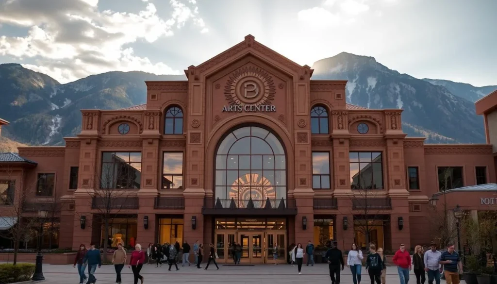 A grand, architecturally stunning Durango Arts Center set against a backdrop of majestic mountains. The building's façade features intricate details and warm, earthy tones that blend seamlessly with the surrounding environment. Sunlight filters through large windows, casting a soft, inviting glow over the entrance and surrounding plaza. People stroll leisurely, appreciating the center's cultural offerings and the vibrant energy of the urban scene. The scene exudes a sense of community, creativity, and a deep connection to the natural beauty of Durango, Colorado.