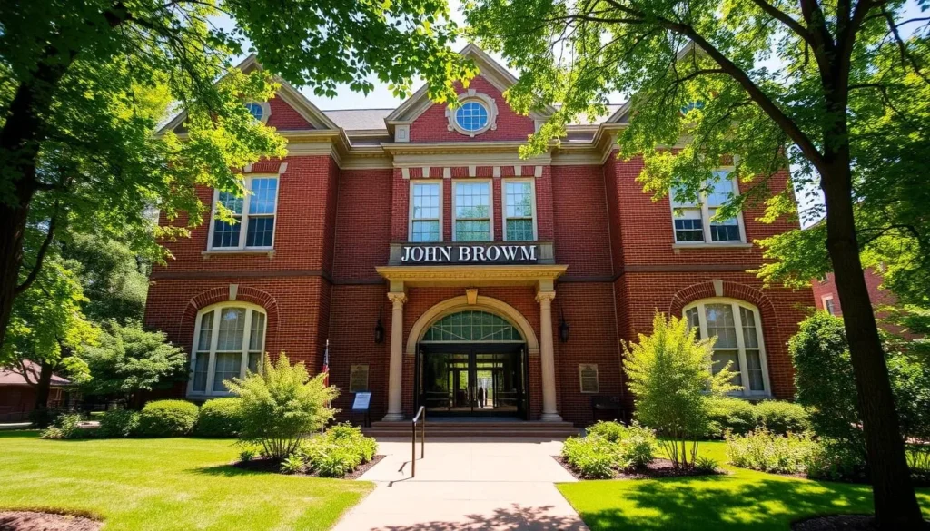 A grand, brick façade stands tall, its ornate architecture commanding attention. Sunlight filters through the windows, casting a warm glow over the historical exhibits within. In the foreground, a meticulously maintained lawn and lush greenery frame the entrance, inviting visitors to explore the John Brown Museum in Harpers Ferry, West Virginia. The museum's serene ambiance evokes a sense of reverence for the site's pivotal role in American history. Capture the museum's majestic presence, showcasing its architectural splendor and the tranquil setting that surrounds it, as a representation of the must-visit museums and exhibits in this charming town.