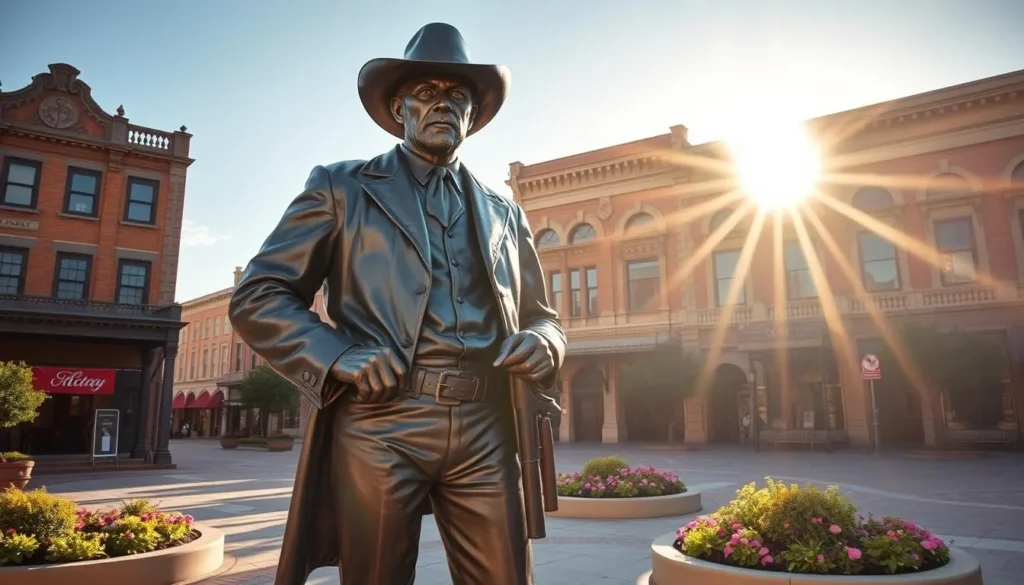 A grand bronze statue of Wyatt Earp stands tall and proud, casting a commanding presence in the sunlit plaza of Dodge City, Kansas. The legendary lawman's weathered features are etched in striking detail, his steely gaze fixed firmly ahead. He holds a revolver at his side, a symbol of the law and order he upheld in this Wild West town. The statue is situated against a backdrop of stately brick buildings, their ornate facades bathed in the warm glow of the afternoon sun. Lush greenery and ornamental flower beds frame the scene, creating a picturesque setting that celebrates the town's rich history and Wyatt Earp's enduring legacy.