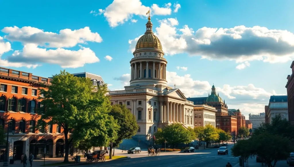 A grand capitol building in the center of a historic Albany cityscape, bathed in warm afternoon sunlight. Stately 19th-century architecture lines tree-lined streets, with horse-drawn carriages and pedestrians ambling through the charming urban landscape. Capture the timeless elegance and civic pride of New York's capital city, framed by a clear blue sky and fluffy white clouds. Use a wide-angle lens to showcase the breadth of this picturesque scene, rendering every intricate detail with photorealistic clarity.