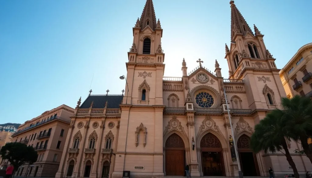 A grand cathedral nestled in the heart of Monaco, its spires reaching skyward, bathed in the warm glow of the sun. The façade, a masterpiece of Romanesque architecture, exudes an air of timeless elegance. The intricate stone carvings and ornate details catch the eye, inviting closer inspection. The cathedral's twin towers stand as sentinels, guarding the sacred space within. Through the open doors, glimpses of the ornate interior beckon, promising a tranquil respite from the bustling streets outside. The scene is one of reverence and serenity, befitting the final resting place of Grace Kelly, the beloved princess of Monaco.