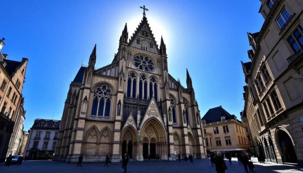 A grand cathedral of gothic splendor, the Rouen Notre Dame stands tall against a clear blue sky. Its ornate façade, adorned with intricate stone carvings, casts dramatic shadows across the cobblestone plaza. Sunlight filters through the stained glass windows, casting a warm, reverent glow over the scene. In the foreground, pedestrians stroll leisurely, admiring the cathedral's impressive scale and historical significance. The surrounding medieval architecture creates a picturesque, timeless atmosphere, transporting the viewer to the heart of Normandy's historic capital.