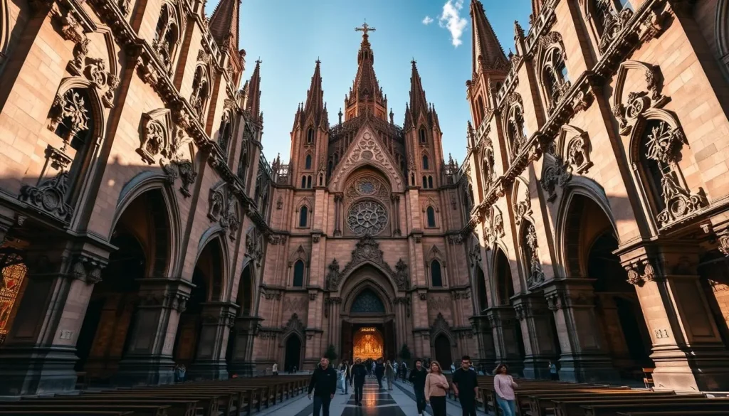 A grand cathedral with ornate Gothic architecture, its spires and domes piercing the azure sky. Intricate stone carvings adorn the façade, casting dramatic shadows as the sun's rays filter through. The interior is bathed in warm, golden light, illuminating the vaulted ceilings and rows of stained-glass windows. Worshippers and visitors move reverently through the vast, hushed space, their footsteps echoing against the towering stone walls. The overall atmosphere is one of solemn grandeur, a testament to the region's rich religious heritage. Capture this majestic cathedral in all its splendor, showcasing its architectural brilliance and the spiritual significance it holds for the people of Córdoba, Argentina.