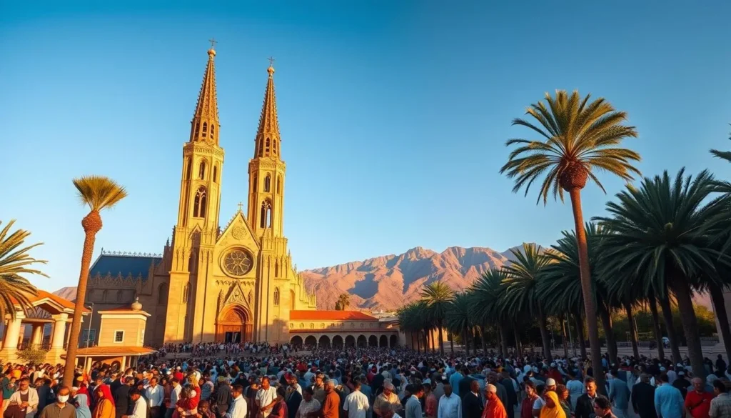 A grand cathedral with towering spires rises against a clear azure sky, its intricate facades adorned with ornate carvings and stained glass windows. In the foreground, a bustling square teems with worshippers and pilgrims, their colorful traditional garments adding vibrancy to the scene. The warm, golden light filters through the surrounding palm trees, casting a serene glow over the peaceful gathering. In the distance, a majestic mountain range frames the spiritual heart of Eritrea, a harmonious blend of natural and architectural splendor.