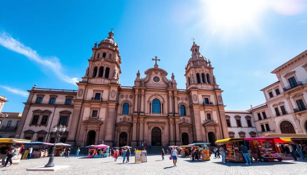 A grand colonial cathedral, its façade adorned with intricate baroque flourishes, stands majestically against a clear azure sky. Sunlight filters through stained glass windows, casting a warm, reverent glow upon the ornate stone columns and ornamental alcoves. In the foreground, a cobbled plaza is dotted with local vendors, their colorful wares and bustling activity adding a vibrant, authentic touch to the serene, historical scene. The architecture seamlessly blends European and indigenous design elements, a testament to the region's rich cultural heritage. The overall impression is one of timeless elegance and spiritual grandeur, capturing the essence of Potosí's colonial religious legacy.