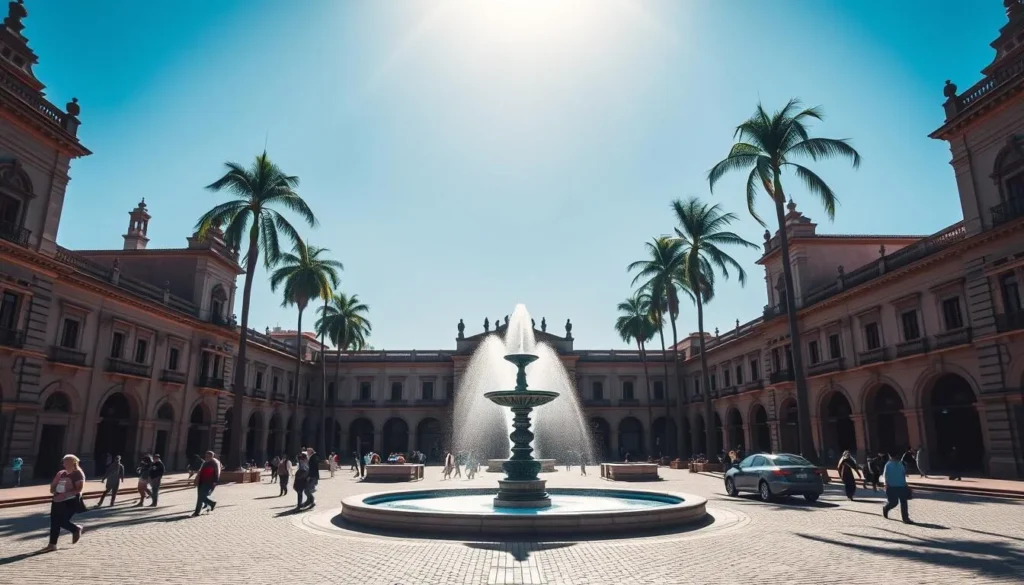 A grand colonial plaza surrounded by historic buildings, Plaza 10 de Noviembre in Potosí, Bolivia. Sunlight filters through the clear sky, illuminating the intricate facades and cobblestone paths. In the center, a grand fountain sprays water, reflecting the ornate architecture. People stroll leisurely, admiring the elegant colonial-era structures that line the square. Tall palm trees sway gently, adding a touch of tropical ambiance to the scene. The mood is one of tranquility and timeless charm, inviting visitors to immerse themselves in the rich heritage of this Bolivian city.