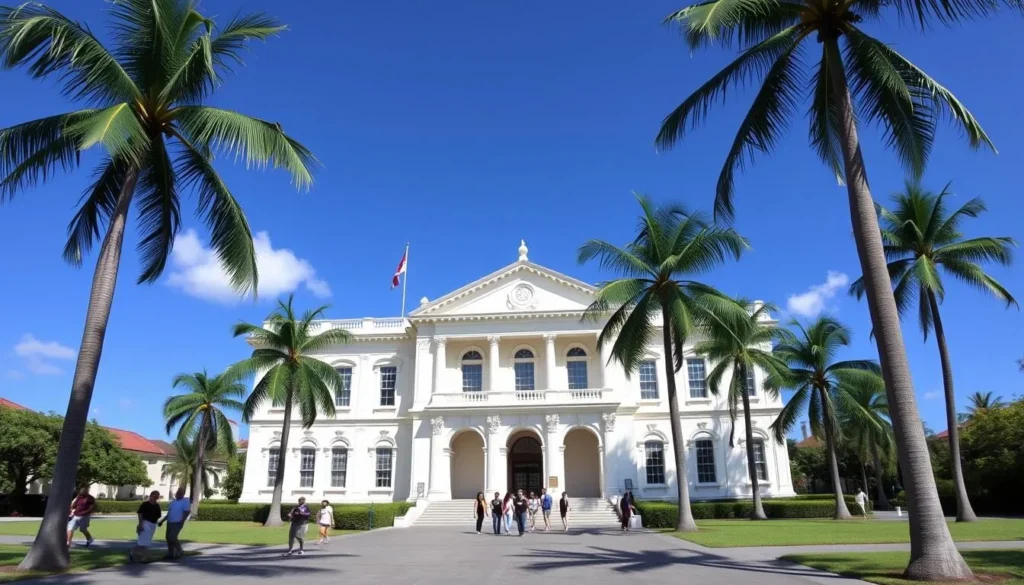 A grand colonial-style building standing proudly against a clear blue sky, the Grenada National Museum. Its elegant facade, adorned with ornate columns and arched windows, exudes an air of historical significance. Lush palm trees frame the scene, casting gentle shadows across the manicured grounds. Visitors stroll along the paved pathways, drawn to the museum's rich cultural exhibits showcasing Grenada's storied past. Capture the essence of this important historical and cultural attraction, a centerpiece of the vibrant Grand Anse community.