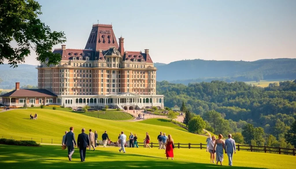 A grand, historic French Lick Resort set against a picturesque Indiana countryside. In the foreground, well-dressed guests stroll along a lush, manicured lawn, enjoying the warm sunshine and gentle breeze. A magnificent, multi-story hotel with ornate architectural details rises in the middle ground, its grand facade shimmering under soft, diffused lighting. In the background, rolling hills and verdant forests create a serene, pastoral backdrop, hinting at the resort's tranquil, rural setting. The overall scene conveys a sense of timeless elegance, sophisticated leisure, and the charm of a bygone era, perfectly capturing the spirit of the "French Lick Resort Entertainment" experience.