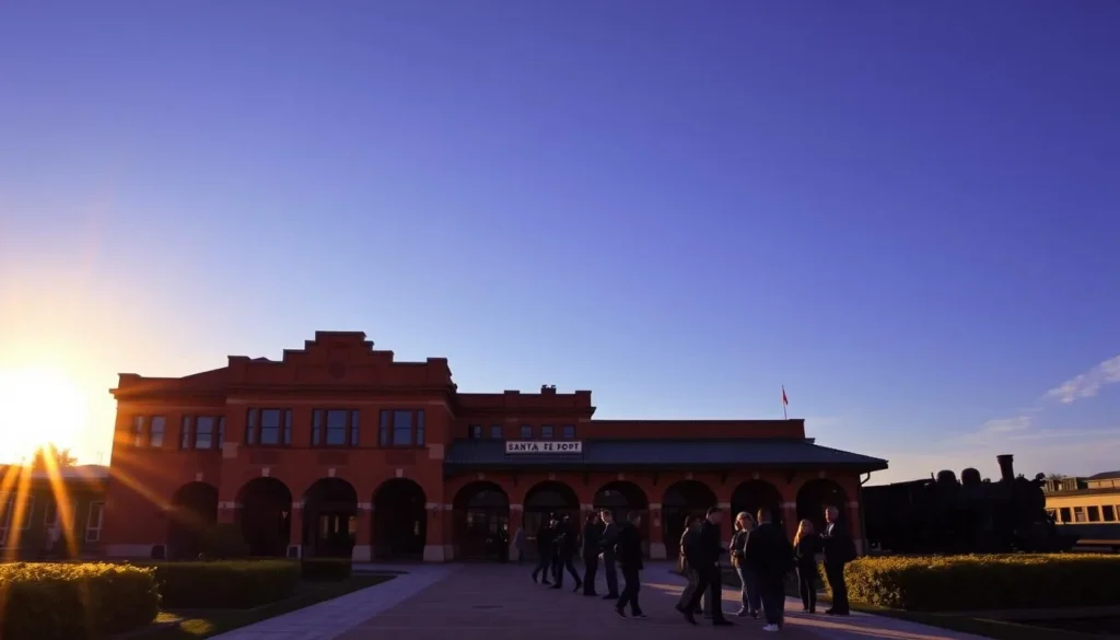 A grand, historic Santa Fe Depot stands proudly against a vibrant blue sky, its red-brick facade and arched entryways exuding a sense of timeless elegance. The sun casts a warm, golden glow across the scene, illuminating the detailed architectural features and the lush, well-manicured landscaping surrounding the station. In the foreground, a group of travelers waits patiently on the platform, their silhouettes creating a sense of anticipation and movement. In the distance, the faint outline of a locomotive can be seen, a nod to the depot's rich railroad heritage. The overall atmosphere evokes a bygone era of rail travel, where the depot served as a hub of activity and a gateway to adventure.