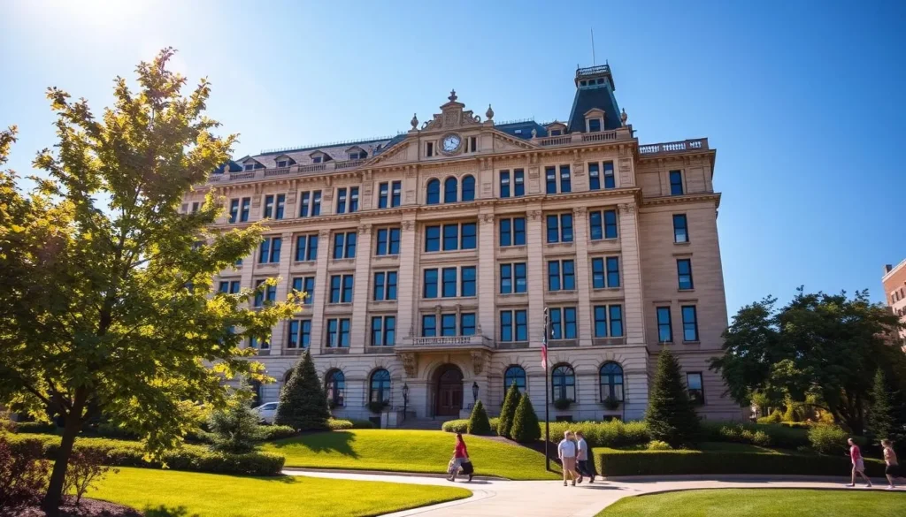 A grand historic building stands tall, its stately architecture and ornate facade reflecting the rich history of Fort Wayne. Sunlight dances across its sandstone walls, casting warm shadows that accentuate the intricate details. In the foreground, a well-manicured lawn and lush foliage frame the structure, creating a picturesque scene. The middle ground features pedestrians strolling along the sidewalk, capturing the vibrant energy of the city. In the distance, a clear blue sky stretches out, completing the serene and inviting atmosphere. This breathtaking landmark serves as a testament to Fort Wayne's enduring legacy and charm.