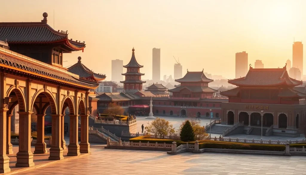 A grand, historic city skyline of Shenyang, China, bathed in warm, golden sunlight. In the foreground, a tranquil public square with ornate stone archways and intricate architectural details. Towering pagodas and ancient temples rise majestically in the middle ground, their roofs glistening with vibrant, glazed tiles. In the background, the iconic Shenyang Imperial Palace, a UNESCO World Heritage site, stands proud and imposing, its red walls and curved eaves capturing the essence of Chinese imperial grandeur. The scene exudes a sense of timeless elegance and cultural significance, inviting the viewer to explore Shenyang's rich history and captivating heritage.
