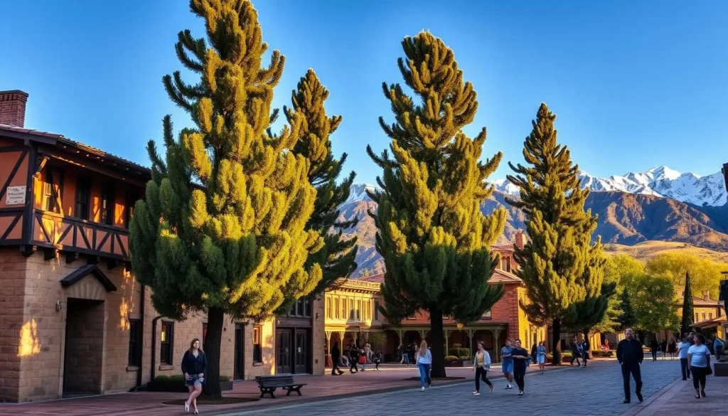 A grand, historic site nestled in the heart of Cedar City, Utah. Capture the weathered sandstone walls and sturdy timber beams of the old buildings, basking in the warm, golden sunlight. Tall, stately cedar trees line the cobblestone pathways, casting soft, dappled shadows. In the distance, the rugged Wasatch Mountains rise majestically, their snow-capped peaks reflecting the clear, azure sky. Visitors stroll leisurely, immersed in the serene ambiance and rich history of this well-preserved gem. A wide-angle lens showcases the harmonious blend of nature and architecture, inviting viewers to step back in time and explore the captivating heritage of Cedar City.