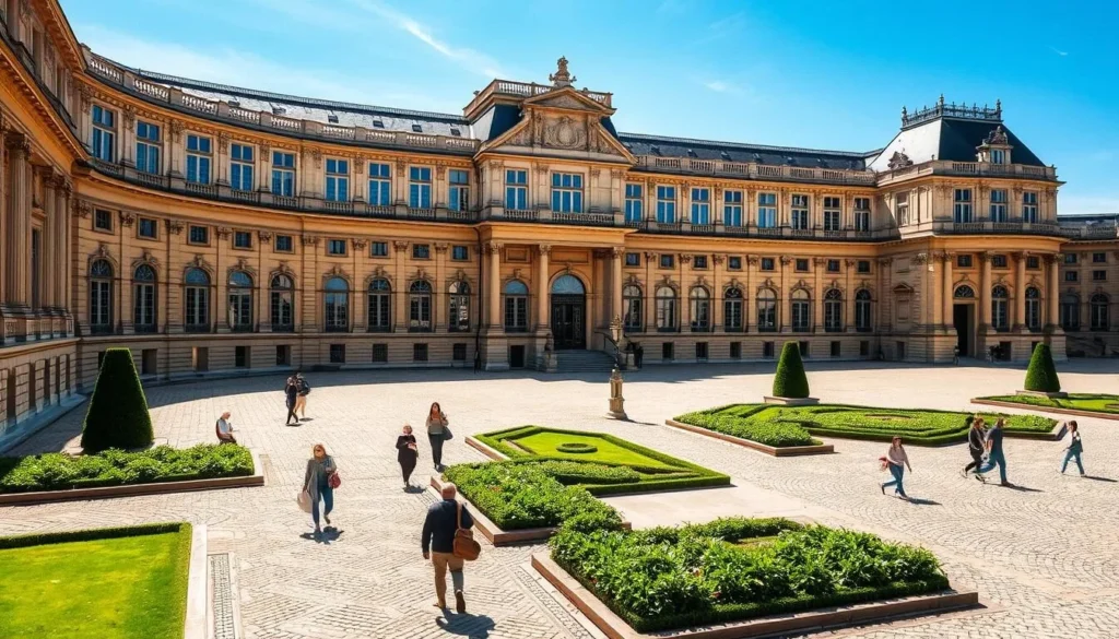 A grand, historical building with ornate stone façade stands proud in the Versailles sunshine. Sunlight streams through the large windows, casting a warm glow on the intricate architectural details. In the foreground, a cobblestone courtyard is dotted with people strolling leisurely, taking in the timeless ambiance. The middle ground reveals lush greenery and elegant landscaping, transporting the viewer to a bygone era. In the distance, the sky is a brilliant blue, completing the picturesque scene of this important landmark, the Salle du Jeu de Paume, a key site in the French Revolution.
