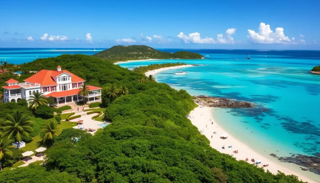 A grand, luxury resort nestled amidst the lush, tropical foliage of Peter Island, British Virgin Islands. A grand, colonial-style building with white walls and red-tiled roofs sits atop a verdant hillside, overlooking the crystal-clear, azure waters of the Caribbean Sea. Guests lounge on the resort's pristine, white-sand beach, enjoying the warm sun and gentle ocean breeze. Sailboats and yachts dot the horizon, while a vibrant coral reef teems with marine life just offshore. The scene exudes an atmosphere of tranquility, relaxation, and the natural beauty of this Caribbean paradise.