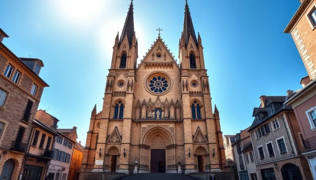 A grand, majestic Romanesque cathedral stands tall, its intricate stone facade adorned with ornate carvings and arched entryways. Sunlight filters through the stained glass windows, casting a warm, ethereal glow throughout the interior. The towering spires and domes create a striking silhouette against a clear, azure sky. In the foreground, cobblestone streets and quaint buildings surround the basilica, capturing the historic charm of the Carcassonne landscape. The scene exudes a sense of timeless elegance and spiritual grandeur, inviting the viewer to step into the enchanting world of this architectural masterpiece.