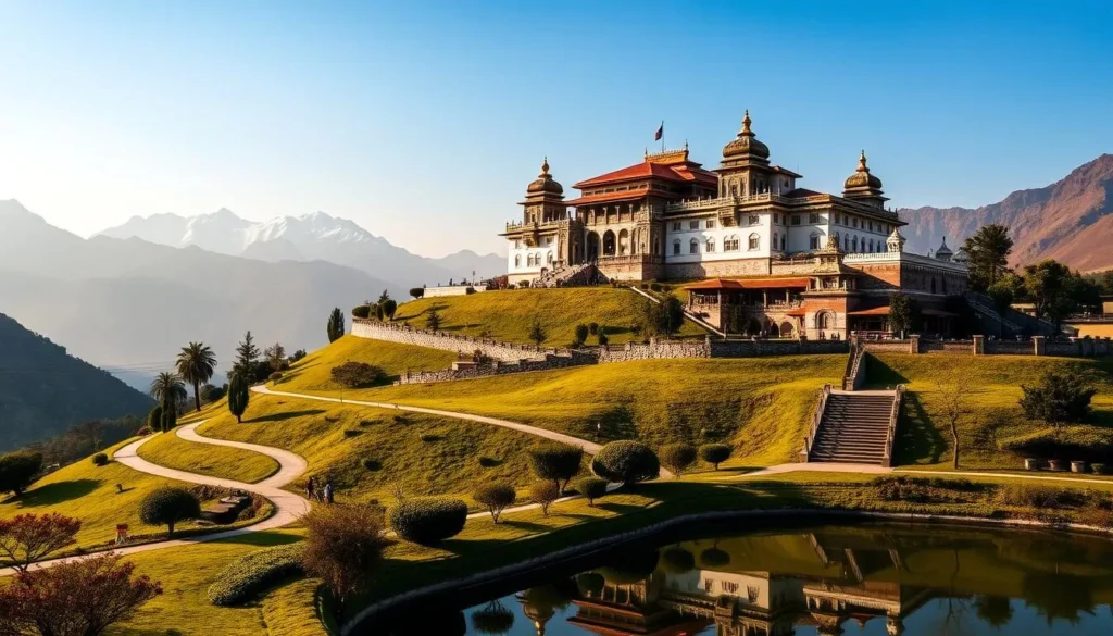 A grand, majestic palace atop a verdant hill, with ornate spires and intricate stone carvings that glimmer in the warm afternoon sunlight. Lush, terraced gardens and winding pathways surround the historical landmark, inviting visitors to explore its timeless beauty. In the foreground, a serene pond reflects the striking architecture, while in the distance, the snow-capped peaks of the Himalayas provide a breathtaking backdrop. The scene exudes a sense of tranquility and timelessness, capturing the essence of Gorkha's rich cultural heritage.