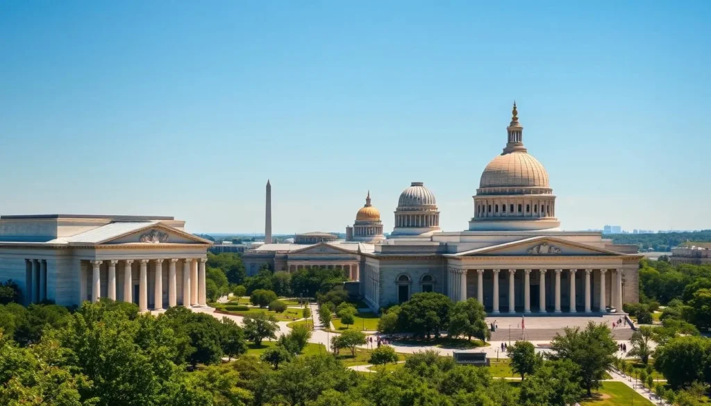 A grand, majestic scene showcasing the iconic Smithsonian museums in Washington, D.C. on a bright, sunny day. In the foreground, the striking neoclassical architecture of the National Museum of Natural History and the National Museum of American History stand tall, their white marble facades gleaming in the warm sunlight. In the middle ground, the distinctive domes of the National Air and Space Museum and the National Museum of the American Indian create a breathtaking skyline. The background is filled with lush green trees and the distant monuments of the National Mall, conveying a sense of grandeur and national pride. The overall atmosphere is one of awe, wonder, and the celebration of American history and culture.