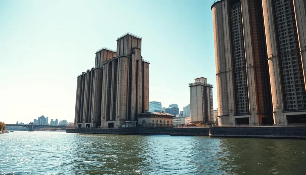 A grand, majestic view of Buffalo's historic grain elevators, towering over the sparkling waters of the Buffalo River on a bright, sunny day. The massive concrete and steel structures, with their distinctive silo-like design, stand as imposing monuments to the city's industrial past. Capture the play of light and shadow across the textured facades, highlighting the intricate architectural details. Frame the scene to showcase the elevators in the foreground, with the city's skyline visible in the background, creating a compelling contrast between the historic and modern elements. Convey a sense of awe and reverence for these iconic landmarks that have defined the cityscape for generations.