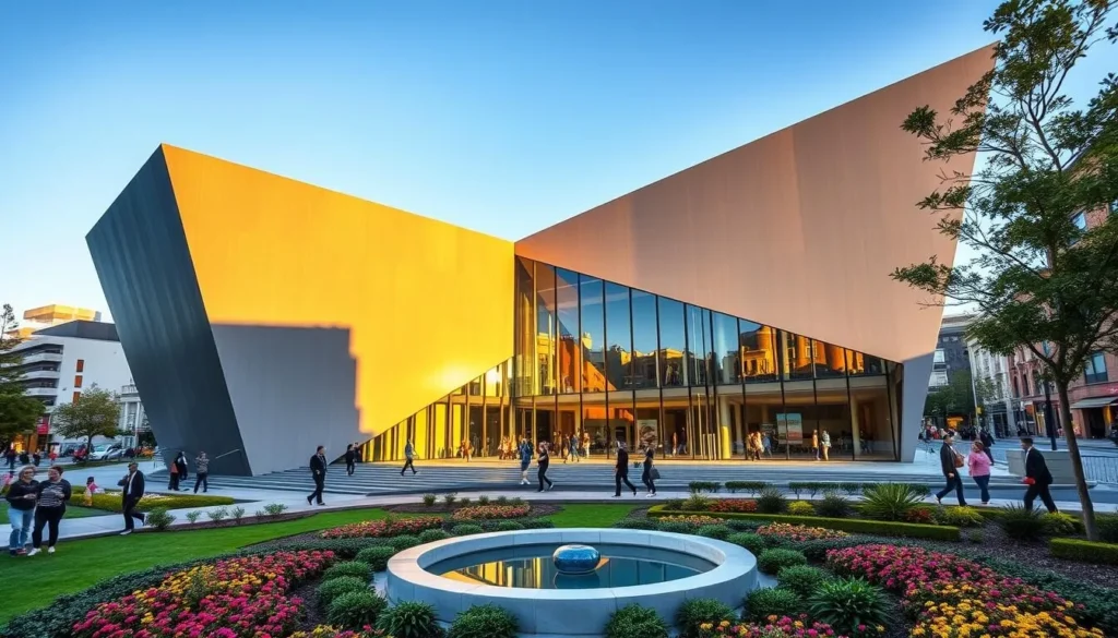 A grand, modern art gallery with a bold, angular facade made of glass and steel, nestled in the heart of Wagga Wagga's vibrant downtown. The building is bathed in warm, golden sunlight, casting elegant shadows across its sleek, geometric design. In the foreground, a lush, manicured garden with colorful flower beds and a tranquil water feature draws visitors towards the welcoming entrance. The middle ground features people strolling leisurely, admiring the gallery's striking architecture. In the background, the bustling streets of Wagga Wagga create a vibrant, urban energy, showcasing the city's thriving arts and culture scene.