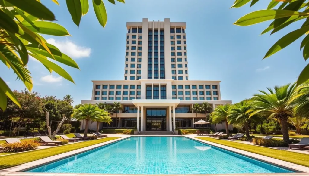 A grand, modern hotel facade stands tall against a clear, azure sky. Manicured gardens and a sparkling pool adorn the spacious grounds, exuding an air of tranquility. The hotel's striking architecture features sleek, minimalist lines and large windows that draw in abundant natural light. Lush tropical foliage frames the scene, hinting at the verdant surroundings of Samut Prakan. A sense of luxury and relaxation pervades the entire setting, inviting travelers to unwind and experience the best that this Thailand destination has to offer.