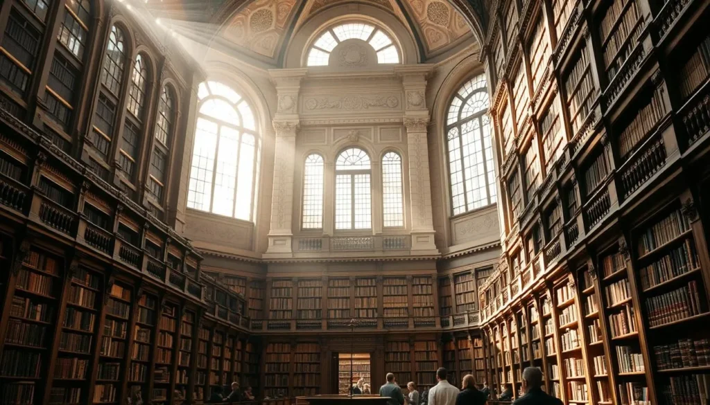 A grand, neo-Renaissance stone edifice stands tall, its intricate facade and ornate windows reflecting the warm glow of natural light. Rows of towering bookshelves line the interior, creating a labyrinth of knowledge and literary treasures. Sunlight filters through the massive arched windows, casting a soft, ambient illumination that accentuates the rich, wooden accents and ornamental details. Scholars and readers navigate the hushed, reverential space, immersed in the aura of intellectual exploration. The George Peabody Library, a bastion of Baltimore's literary heritage, exudes an atmosphere of timeless elegance and the pursuit of knowledge.