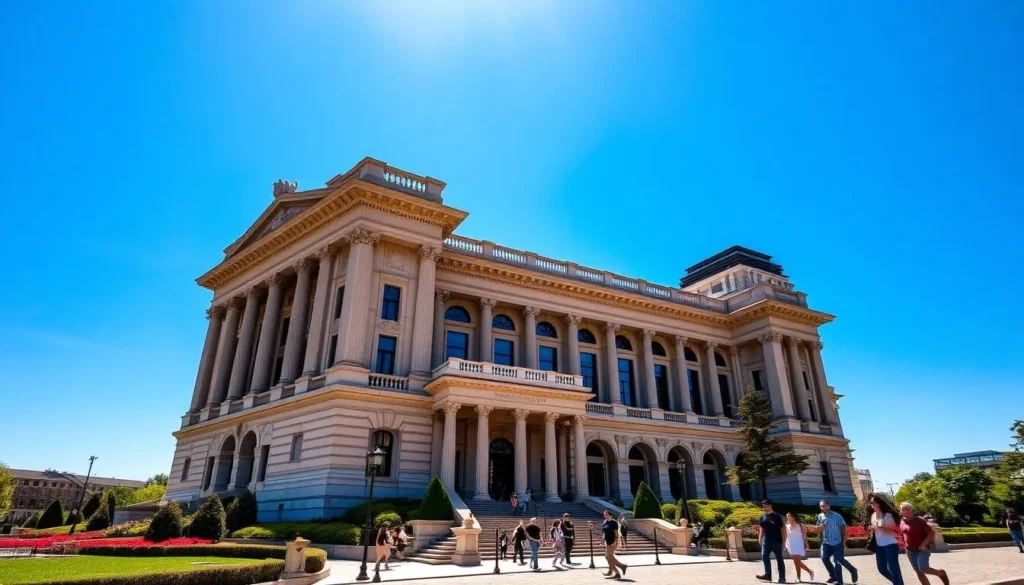 A grand neoclassical building with towering columns and ornate facades stands proudly against a clear azure sky. Manicured gardens and cobblestone paths lead visitors towards the grand entrance, inviting them to explore the architectural wonders within. Sunlight bathes the scene, casting warm shadows that accentuate the intricate details and ornamentations. In the foreground, people stroll leisurely, marveling at the impressive structure that epitomizes the architectural legacy of Buffalo, New York.