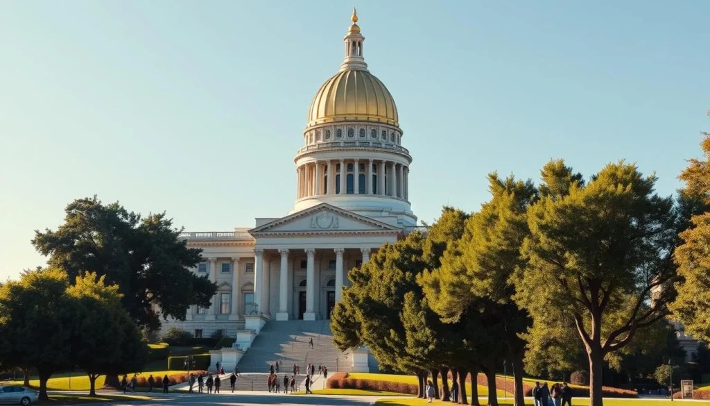 A grand neoclassical edifice stands majestically against a clear azure sky, the California State Capitol commanding attention with its distinctive golden dome and grand columned facade. Lush green trees and neatly manicured lawns surround the stately building, creating a picturesque scene. Pedestrians stroll along the tree-lined walkways, admiring the impressive architecture and the serene atmosphere. Warm, natural lighting bathes the scene, highlighting the intricate details and grand scale of this iconic landmark. Capture the grandeur, history, and tranquility of the California State Capitol, a true symbol of California's proud heritage.