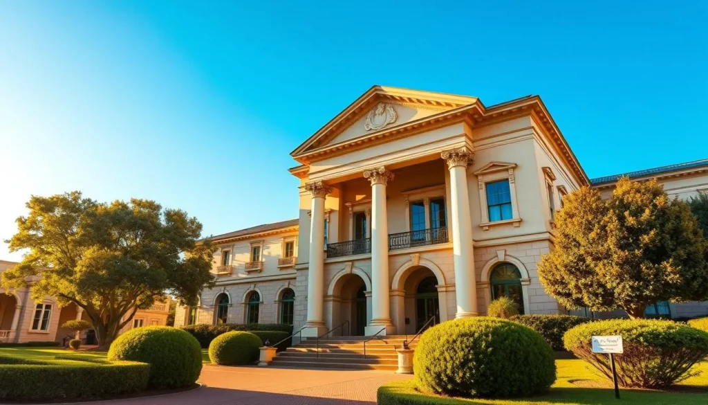 A grand neoclassical façade with ornate columns and arched entryways, standing proudly against a bright, azure sky. The Museum of the Riverina, a cultural landmark nestled in the heart of Wagga Wagga, beckons visitors to explore its rich history and diverse exhibitions. Lush, well-manicured gardens surround the building, inviting guests to stroll and admire the architecture. The scene is bathed in warm, golden sunlight, creating a welcoming and serene atmosphere. The image captures the museum's significance as a hub of cultural discovery and appreciation within the vibrant city of Wagga Wagga.