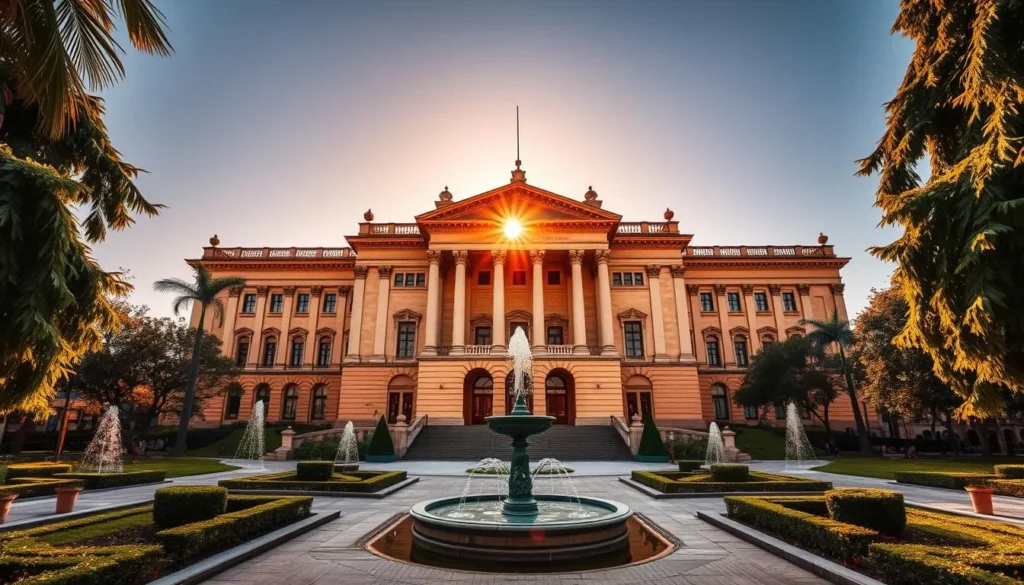 A grand neoclassical palace standing majestically in the heart of La Plata, Argentina. Illuminated by warm, golden sunlight filtering through towering columns and ornate facades. Manicured gardens and fountains surround the stately landmark, inviting visitors to explore its rich history. The scene evokes a sense of timeless elegance and civic pride, capturing the essence of La Plata's architectural heritage. Capture this landmark from a low, wide-angle perspective to emphasize its impressive scale and monumental presence within the urban landscape.