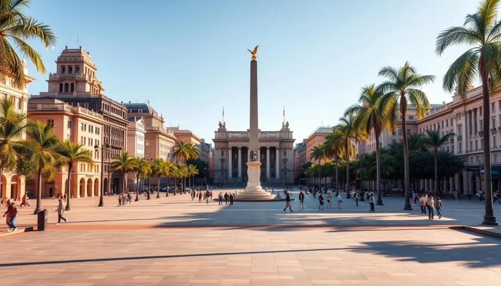 A grand neoclassical square in the heart of Buenos Aires, Plaza de Mayo features the Casa Rosada presidential palace, historic government buildings, and a towering obelisk monument. Capture the square's majestic architecture bathed in warm afternoon sunlight, with pedestrians strolling along the wide promenade and lush palm trees lining the periphery. Render the scene with a sense of timeless elegance and civic pride, conveying the plaza's significance as a beloved landmark and gathering place for Argentinian history and culture.