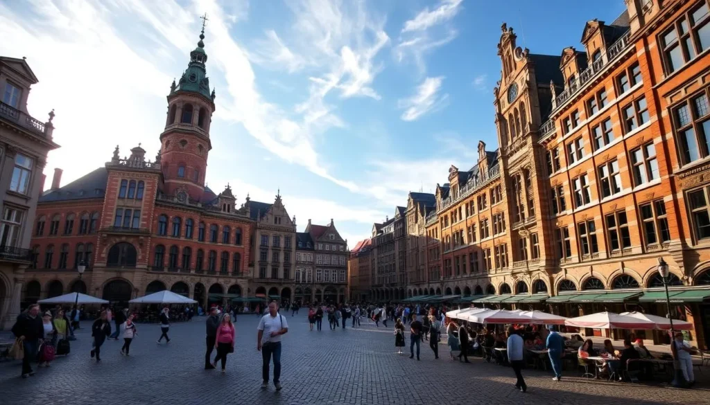 A grand neoclassical square in the heart of historic Lille, France. The expansive Grand Place Lille, a bustling market and meeting place, is framed by majestic 17th-century Flemish-style guild houses and the towering belfry of the Vieille Bourse. Sunlight filters through wispy clouds, casting a warm glow over the intricate brick and stone facades. People stroll leisurely, admiring the architectural splendor. Outdoor cafes spill onto the cobbled square, their umbrellas and tables adding pops of color. A sense of timeless charm and vibrant local life permeates the scene. A grand neoclassical square in the heart of historic Lille, France. The expansive Grand Place Lille, a bustling market and meeting place, is framed by majestic 17th-century Flemish-style guild houses and the towering belfry of the Vieille Bourse. Sunlight filters through wispy clouds, casting a warm glow over the intricate brick and stone facades. People stroll leisurely, admiring the architectural splendor. Outdoor cafes spill onto the cobbled square, their umbrellas and tables adding pops of color. A sense of timeless charm and vibrant local life permeates the scene.