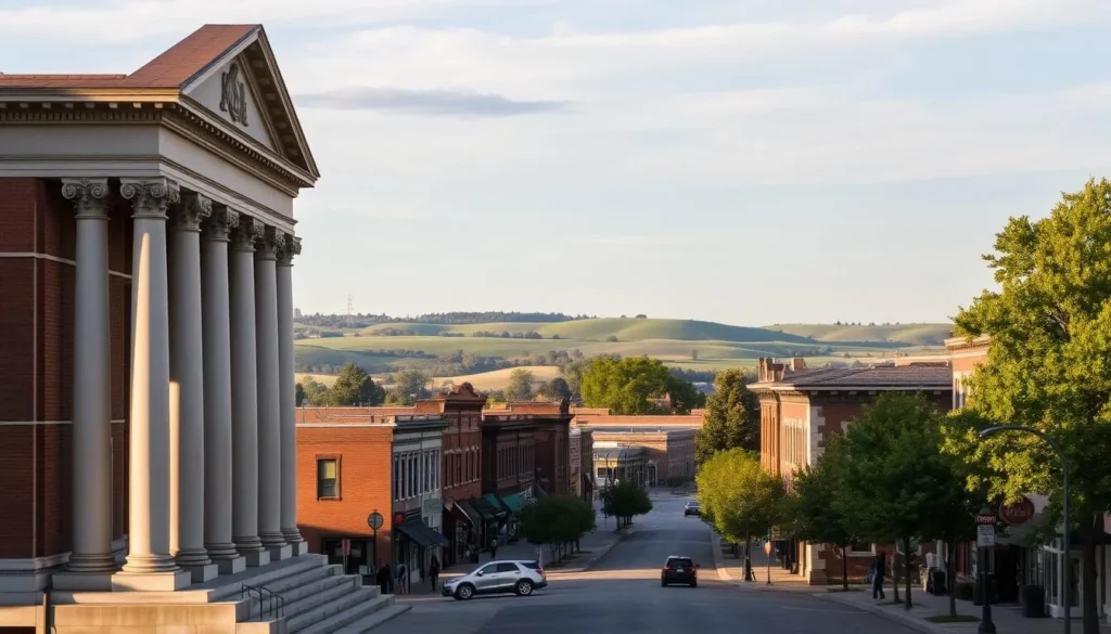 A grand neoclassical-style building stands majestically in the foreground, its grand columns and ornate facade bathed in the warm glow of the afternoon sun. In the middle ground, historic brick structures and quaint shops line a charming tree-lined street, while in the distance, the rolling hills of the Iowa landscape provide a serene backdrop. The scene exudes a sense of timeless elegance and historic significance, perfectly capturing the essence of Iowa Falls, a town steeped in rich architectural heritage.