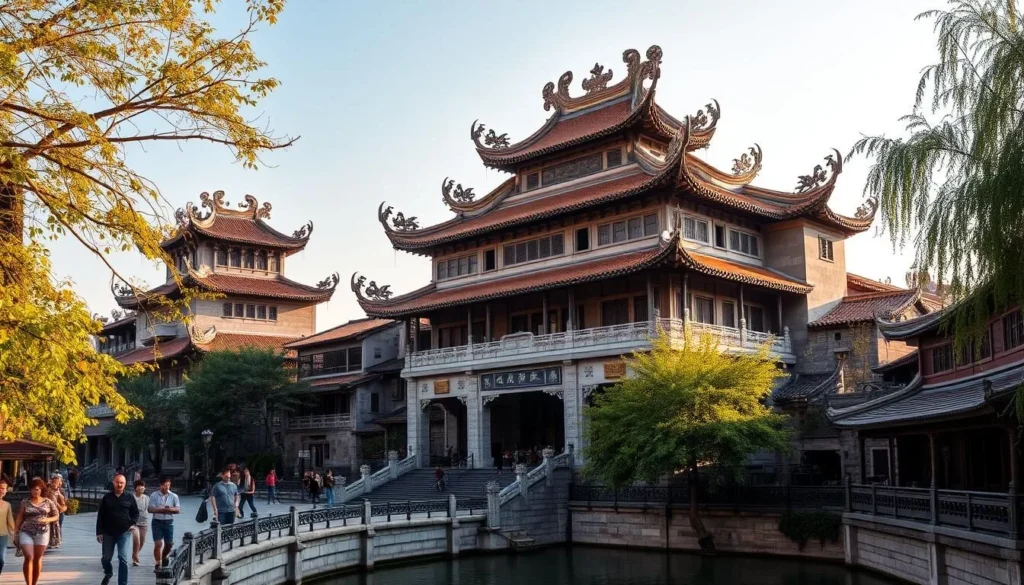 A grand, ornate City God Temple nestled in the historic town of Zhujiajiao, China. Intricate, carved stone facades glimmer in the warm afternoon sunlight, surrounded by lush, verdant foliage. The temple's ornate rooflines and delicate, dragon-adorned details create a captivating sense of ancient Chinese architecture. Visitors stroll along the adjacent canal, taking in the serene, cultural atmosphere. The temple stands as a majestic centerpiece, inviting deeper exploration of this picturesque, traditional town.