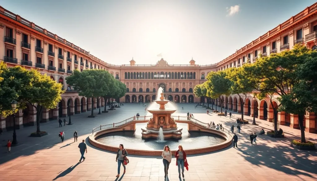 A grand, ornate Plaza de España in Seville, Spain, bathed in warm afternoon sunlight. Majestic, curved buildings in a semicircular design frame the central fountain, with intricate, tiled alcoves and ornate bridges spanning the tranquil waters. Lush, shady trees line the perimeter, casting dappled shadows on the expansive, paved plaza below. Couples and families stroll leisurely, taking in the architectural grandeur and serene atmosphere. The scene captures the historic charm and vibrant spirit of this iconic Spanish landmark.
