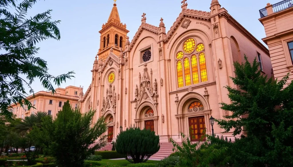 A grand, ornate Salesian church situated in the heart of Nazareth, Israel. The facade features intricate stone carvings and stained glass windows that catch the warm, golden light of the sun. The church's tall, slender bell tower rises up, overlooking the bustling city streets below. In the foreground, lush greenery and well-tended gardens surround the building, creating a peaceful, serene atmosphere. The overall scene evokes a sense of timeless elegance and reverence, capturing the essence of this important religious site in Nazareth.