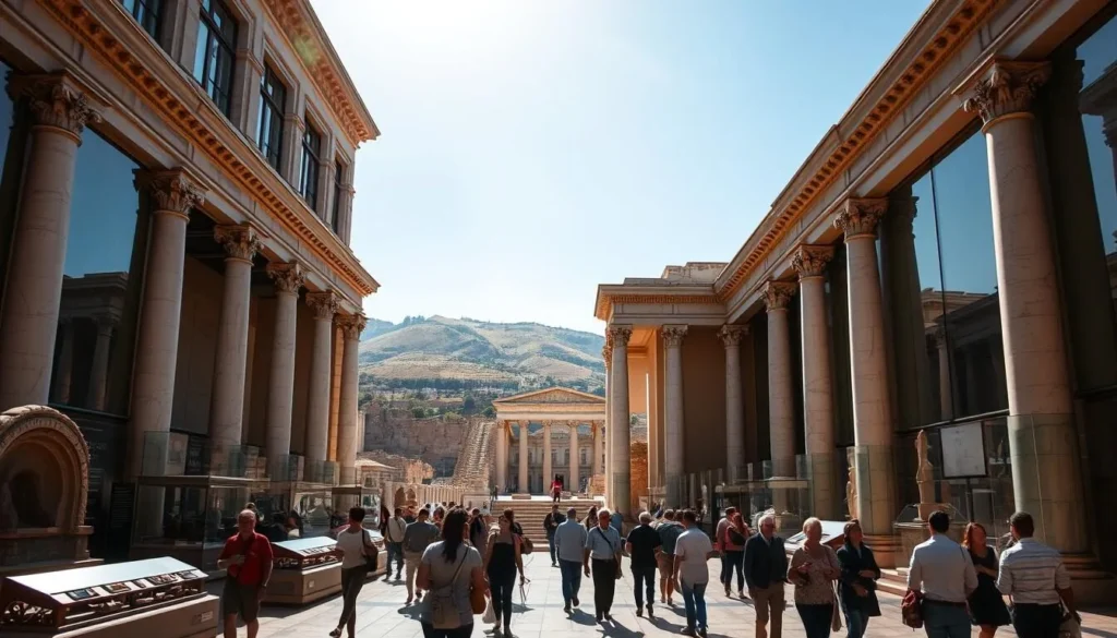 A grand, ornate archaeological museum stands tall amidst the ancient ruins of Aegina Island, Greece. Sunlight streams through large windows, illuminating the displays of ancient artifacts and relics. In the foreground, visitors explore the exhibits, fascinated by the rich history and culture of the island. The middle ground features elegant marble columns and intricate architectural details, transporting viewers to a bygone era. In the background, rolling hills and a clear blue sky create a serene, picturesque setting, complementing the museum's timeless grandeur. The scene evokes a sense of wonder and reverence for the island's storied past.
