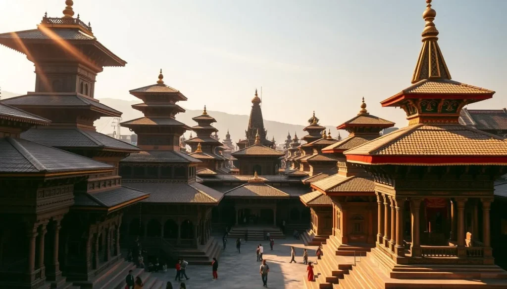 A grand, ornate architectural ensemble of the Patan Durbar Square in Nepal, bathed in warm, golden sunlight. Capture the intricate carvings, towering pagodas, and ornate temples that showcase the breathtaking Newari craftsmanship. Frame the scene with a wide-angle lens to showcase the square's expansive layout, while keeping the details sharp and crisp. Convey a sense of timeless wonder and reverence for this cultural treasure, where history and tradition intertwine in a picturesque display.