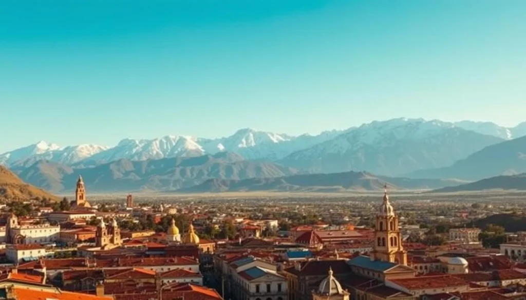 A grand, panoramic vista of Potosí, the iconic Bolivian city nestled high in the Andes. Majestic snow-capped peaks loom in the distant background, their rugged silhouettes framed by a brilliant azure sky. In the foreground, the historic city center unfurls, its colonial-era buildings and church spires rising up against the mountainous backdrop. Sunlight bathes the scene in a warm, golden glow, casting dramatic shadows across the rooftops and winding streets. The bustling energy of the city is palpable, with the occasional glimpse of local residents going about their daily lives. This breathtaking panoramic view captures the stunning natural beauty and rich cultural heritage that make Potosí a must-visit destination.
