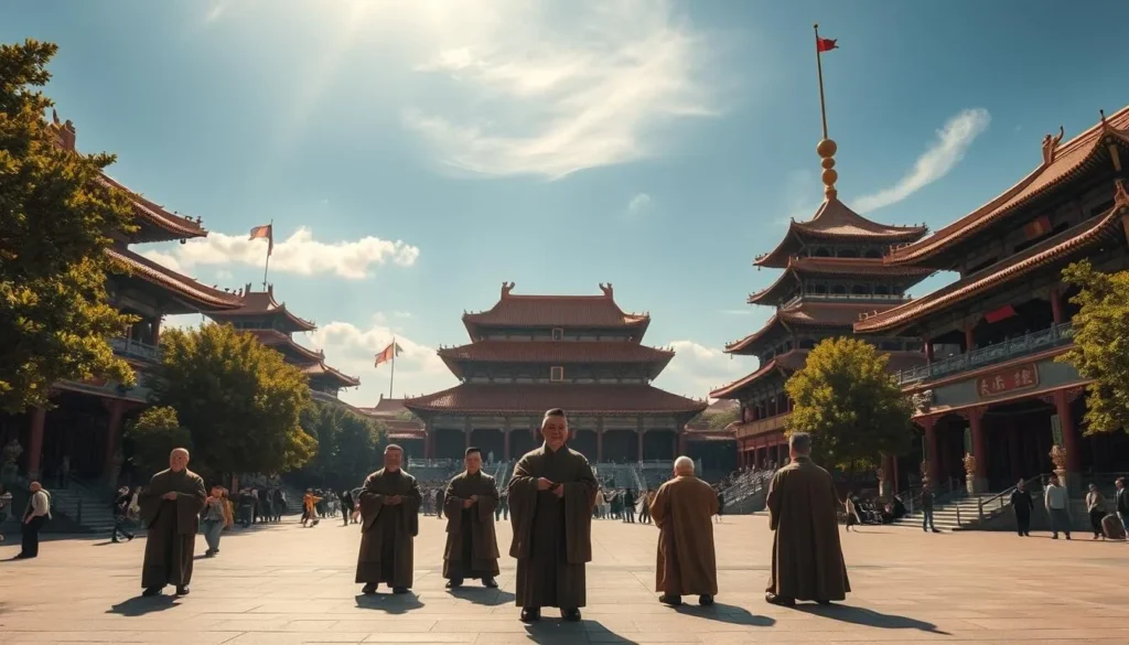 A grand plaza in an ancient Chinese city, bathed in warm afternoon sunlight. At the center, several venerable historical figures stand in contemplation, their wise faces and regal bearing commanding attention. In the background, towering pagodas and ornate imperial architecture evoke the grandeur of China's storied past. A light breeze rustles the lush foliage, creating a sense of tranquility and timelessness. The scene is captured with a medium-wide lens, allowing the viewer to immerse themselves in the majesty of this historic setting.