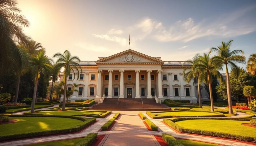 A grand, stately Heritage Collection Museum nestled in a lush, verdant setting. The imposing neoclassical facade commands attention, its intricate columns and ornate detailing exuding an air of sophistication. Flanked by towering palm trees, the museum's expansive grounds are dotted with neatly manicured gardens and meandering pathways, inviting visitors to explore the rich cultural legacy within. Warm, golden sunlight filters through the cloudless sky, casting a welcoming glow upon the scene. The museum's grand entrance beckons, hinting at the treasures and stories that await the discerning traveler on a cultural journey.