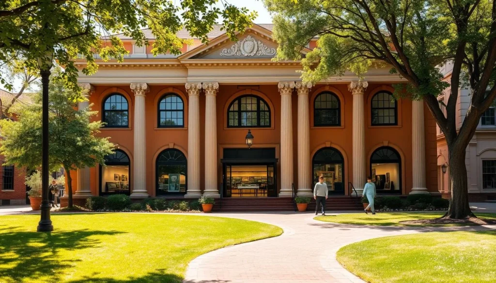 A grand, stately local history museum nestled in a quaint, sun-dappled town square. Elegant columns and arched windows adorn the ochre-hued façade, exuding an air of erudition. The front lawn is dotted with lush greenery and a meandering path leading to the entrance. Warm, directional lighting from above casts a soft glow, highlighting intricate architectural details. Through the open doors, glimpse dimly lit galleries filled with glass-encased artifacts and thoughtfully curated exhibits. Visitors stroll leisurely, immersed in the town's storied past. An aura of discovery and reverence pervades the scene, inviting exploration of this local treasure trove.